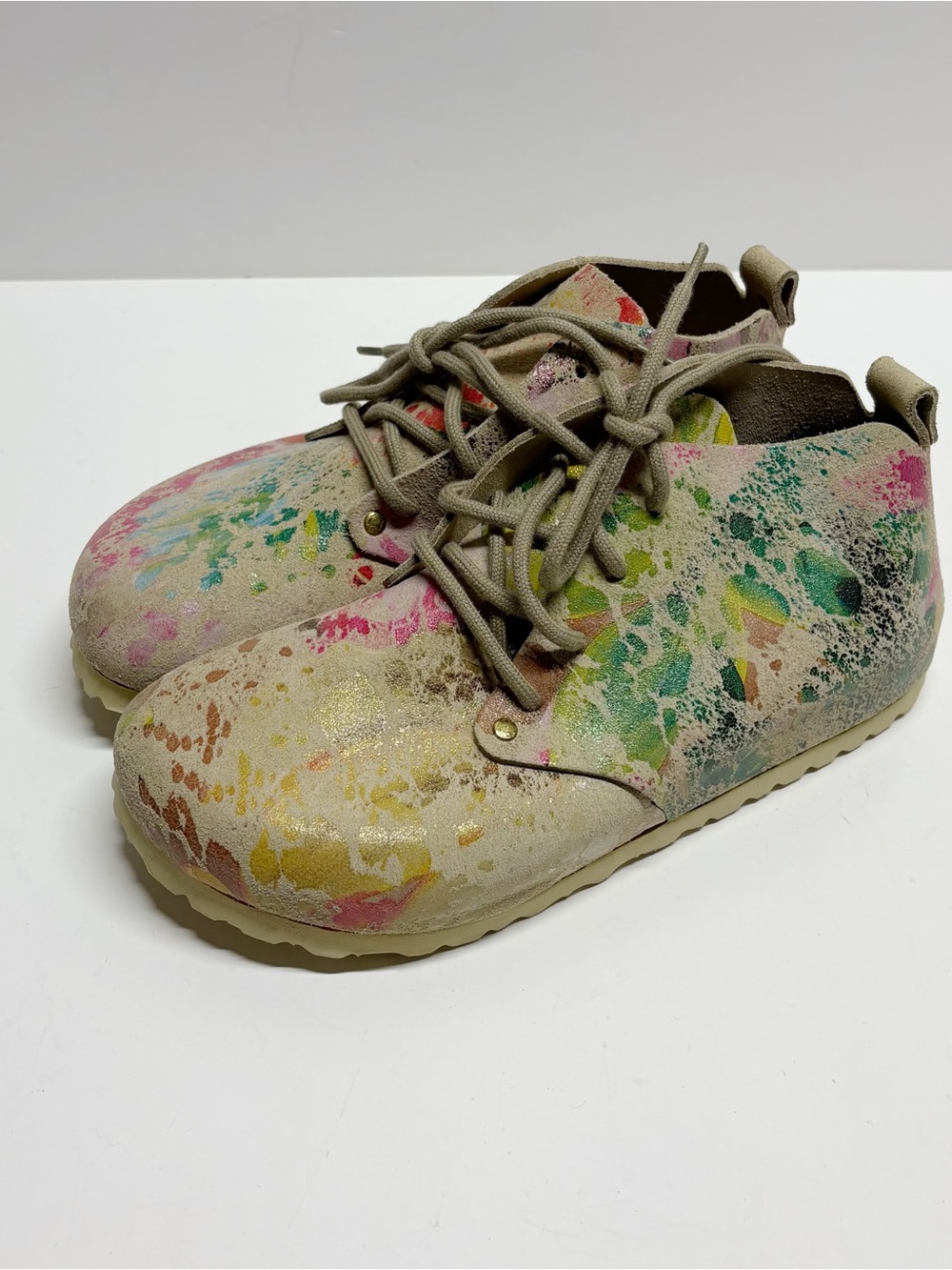 Birkenstock Beige Suede Kids Sneakers with Multicolor Paint Splatter